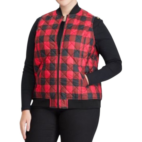 LAUREN RALPH LAUREN Women's Size 1X Red Black Buffalo Check Plaid Front Zip Vest - Picture 2 of 7
